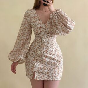 BARDOT Printed Broderie Long Sleeve Minidress In Tan Paisley Size 8/M